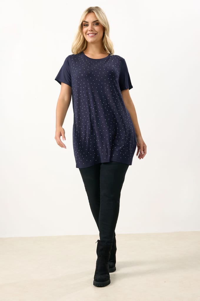Yours Marineblauwe Top Met Strasssteentjes Size 50-52
