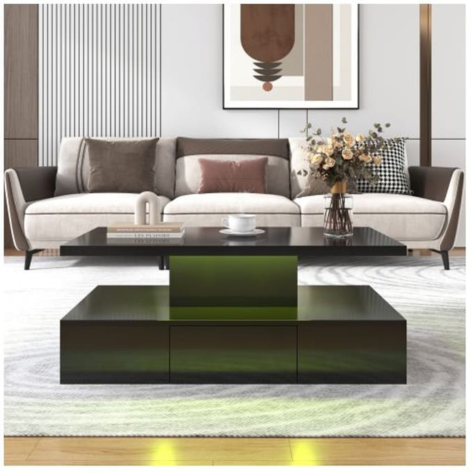Salontafel, tafel met laders, hoogglanslak, bijzettafel met twee opbergniveaus. Met LED-licht