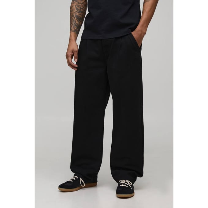 Relaxed Fit Half & Half Tailleband Gewassen Twill Broek | Black | Size Medium
