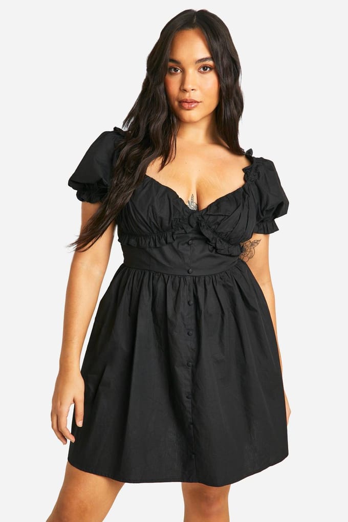 boohoo Dames Plus geweven melkmeisje button-down skaterjurk | Black | Maat: 28