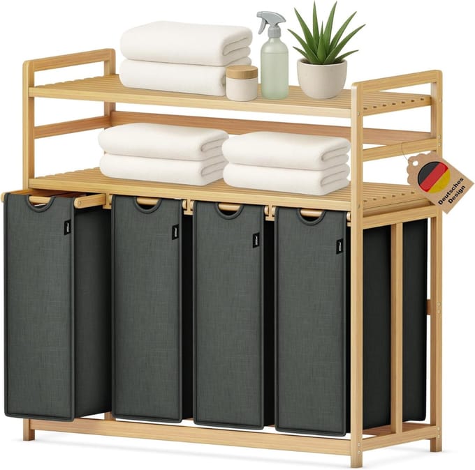 Zyrex® Wasmand 4 Vakken - Wassorteerder - Wasmand - Bamboe Frame - Donker Grijs - 103cm x 42cm x 101cm