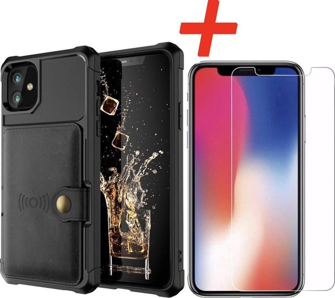 Backcover geschikt voor Apple iPhone 11 Pro - Zwart - 3 in 1 pasjeshouder - met Glazen Screenprotector