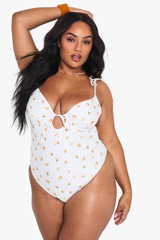 boohoo Dames Plus Tangerine Print Bandeau Badpak | Oranje | Maat: 54