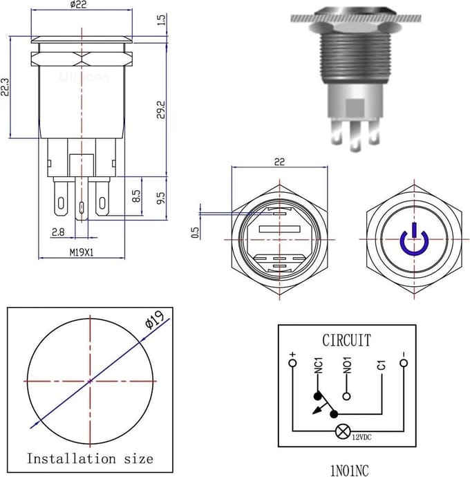 Drukschakelaar gele verlichting - 19mm - 1NO1NC - Power symbool