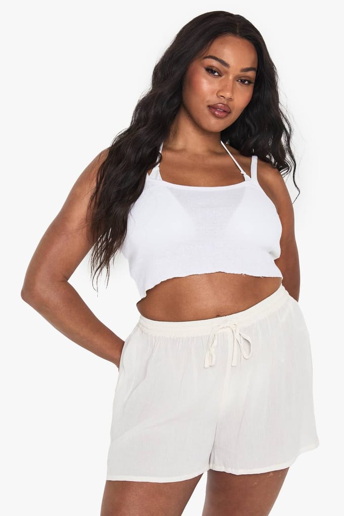 boohoo Dames Plus kaasdoek strandshorts | Ecru | Maat: 28