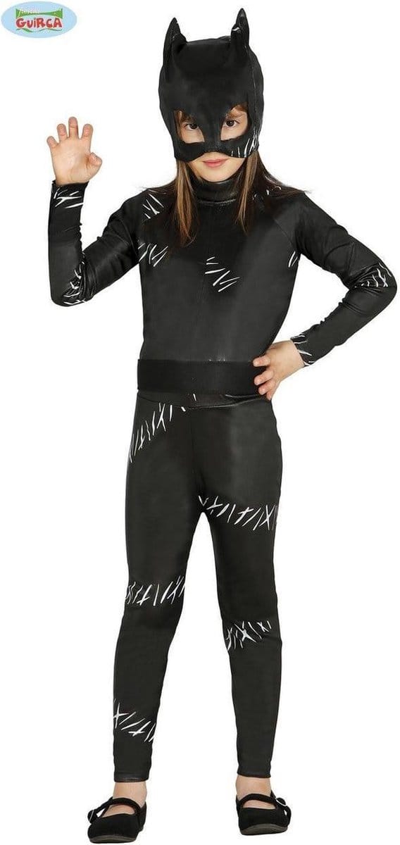 Zwarte kat/ poes Halloween catsuit kostuum voor meisjes - Carnaval verkleedkleding 140/152