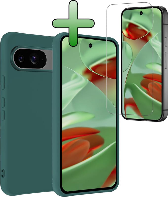 Hoesje Met Screenprotector - Geschikt voor Google Pixel 9 - Sterk & Shockproof - Back Cover - Siliconen Case - Telefoon Hoes - Donkergroen