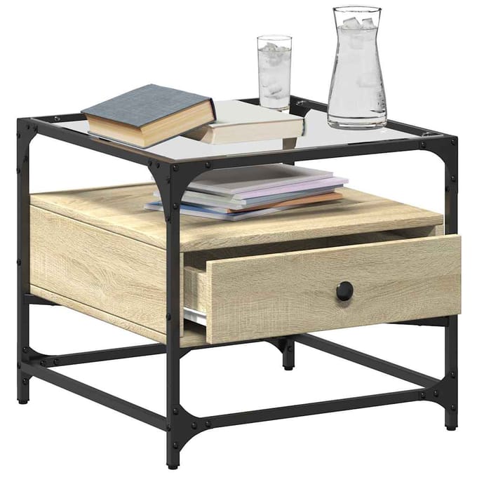 vidaXL - Salontafel - met - glazen - blad - 50x50x45 - cm - sonoma - eiken - staal