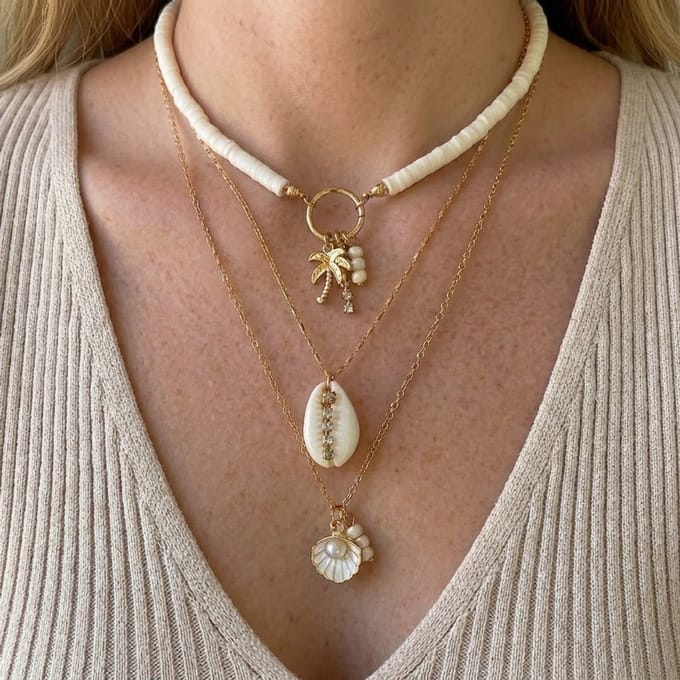 Goudkleurige layer ketting voor dames met schelp hanger palmboom en kralen