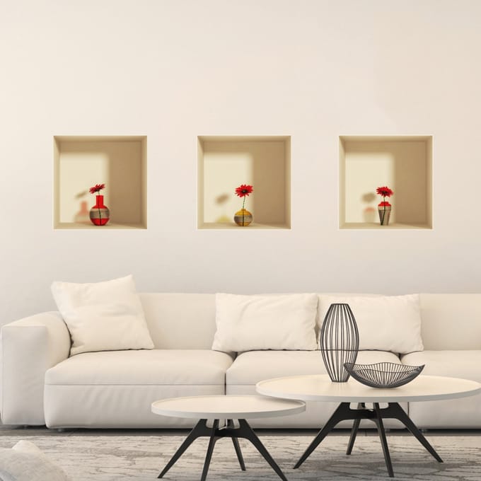 Sticker met 3D-effect en rode bloemen, 30 x 90 cm