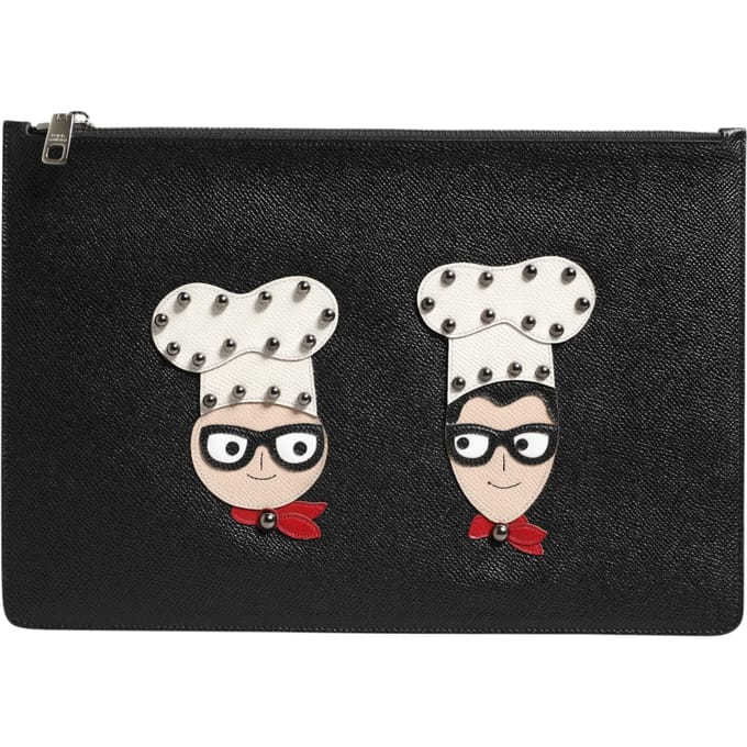 Zwarte Leren #DGFAMILY Versierde Heren Clutch Pouch Tas
