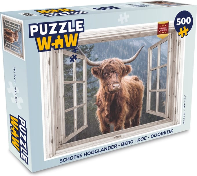 Puzzel Schotse hooglander - Berg - Koe - Doorkijk - Legpuzzel - Puzzel 500 stukjes