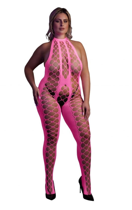 Glow in the Dark Bodystocking met halternek - Roze