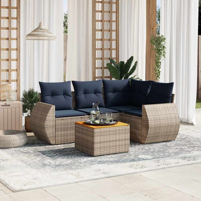 vidaXL - 5-delige - tuinbankset - met - kussens, - grijs - polyrotan