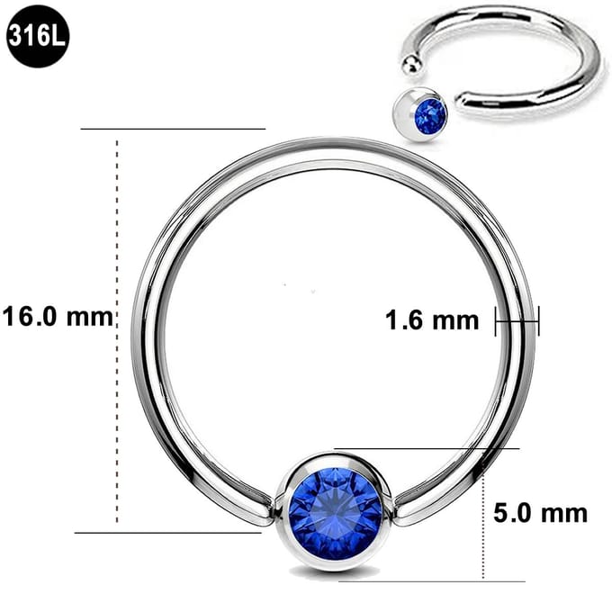 Ball Closure Piercing Ring – 1.6 mm Dikte – 16.0 mm Diameter – Chirurgisch Staal - Blauwe steen