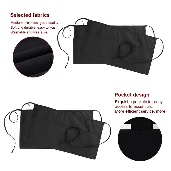 Tabliers de serveur pour femmes et hommes, avec 2 poches, imperméable, mignon, tablier de serveuse, tablier de taille pour noir