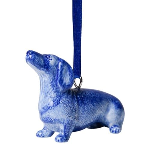 Heinen delfts blauw kerstornament - teckel nhaan zittend