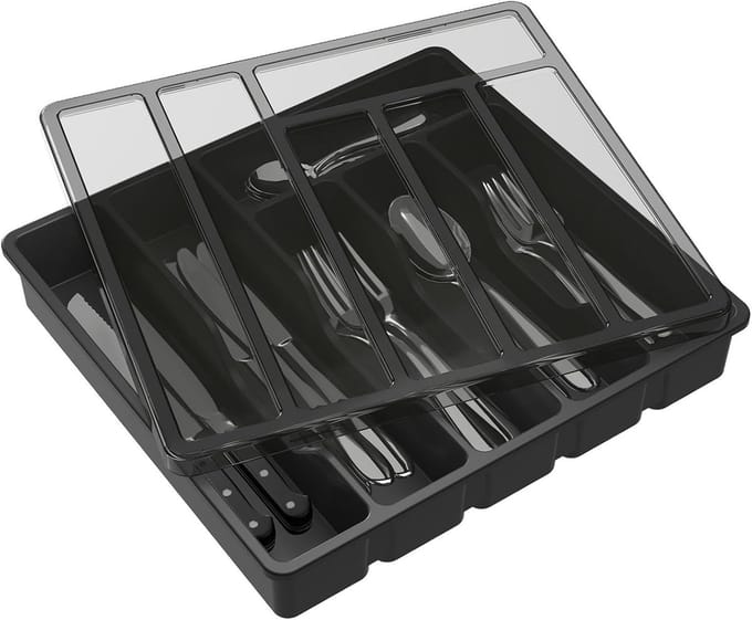 Famanu - Besteklade met deksel keuken organizer met 6 compartimenten zwart