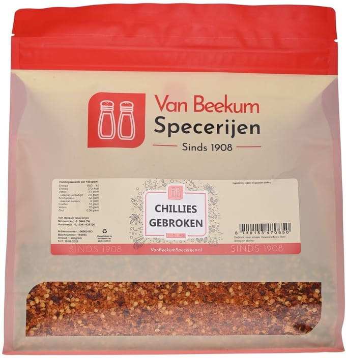 Van Beekum Specerijen - Chili Gebroken - 1 KG (hersluitbare zak)