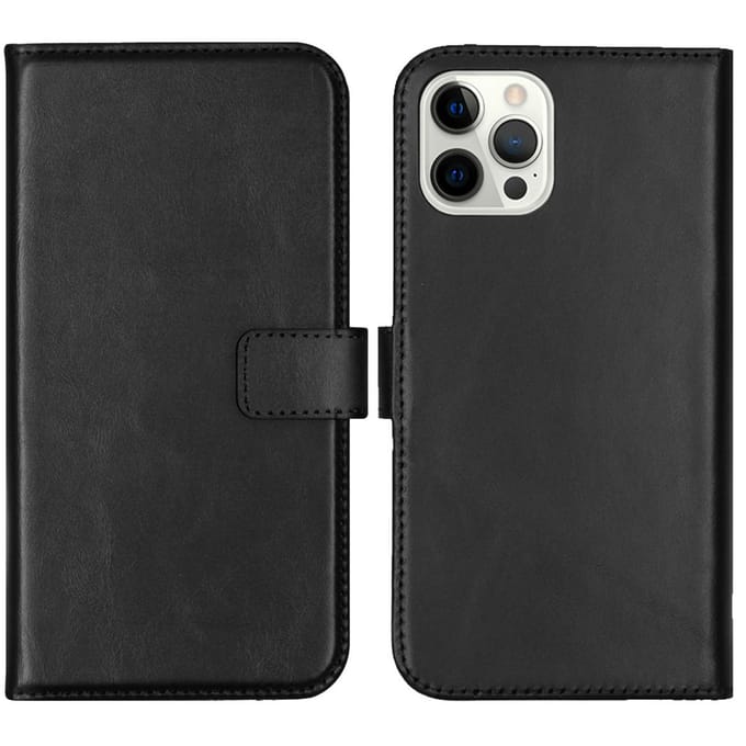 Selencia Hoesje - Geschikt voor Apple iPhone 12 Pro Max - Echt Lederen Bookcase - Zwart