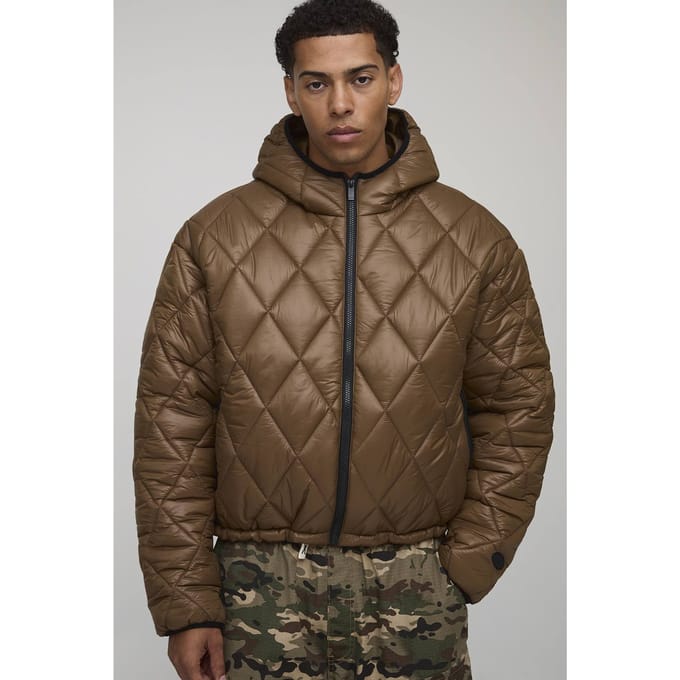 Oversized Boxy High Sheen Diamond Quilted Hooded Funnel Puffer Jacket | Brown | Size Medium