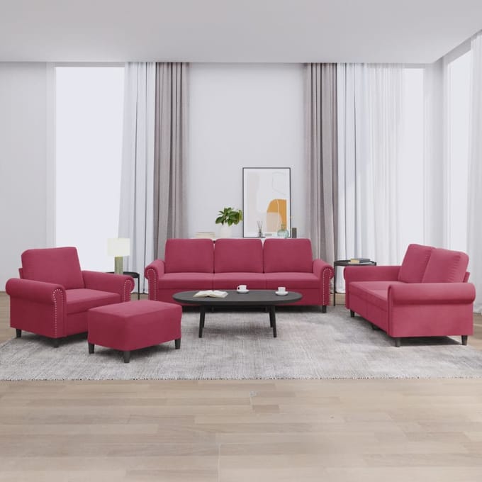 vidaXL - 4-delige - Loungeset - met - kussens - fluweel - wijnrood