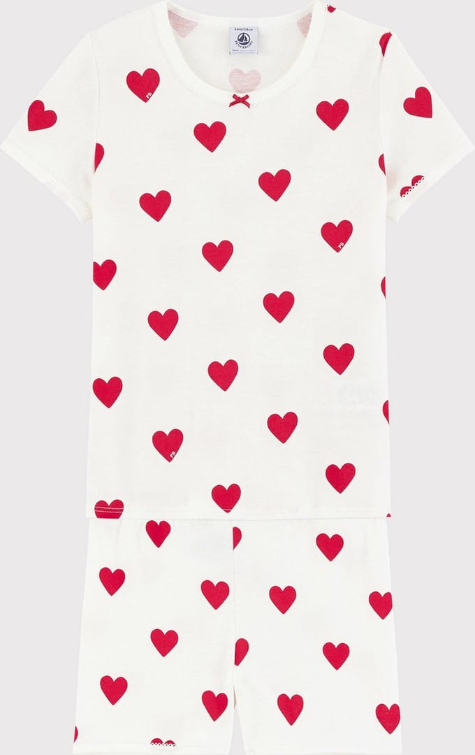 Petit Bateau Korte meisjespyjama in katoen met hartjes Meisjes Pyjamaset - Wit/Rood
