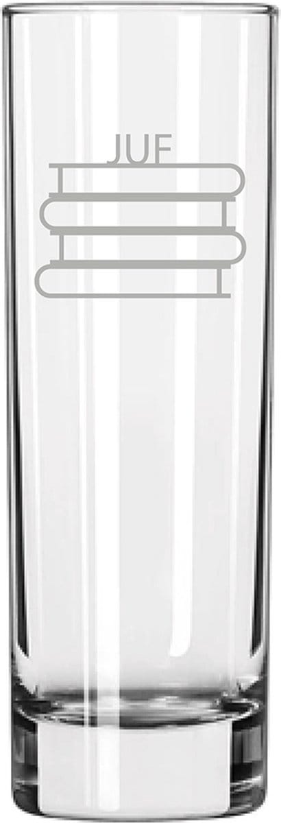 Gegraveerde longdrinkglas 22cl Juf met boeken