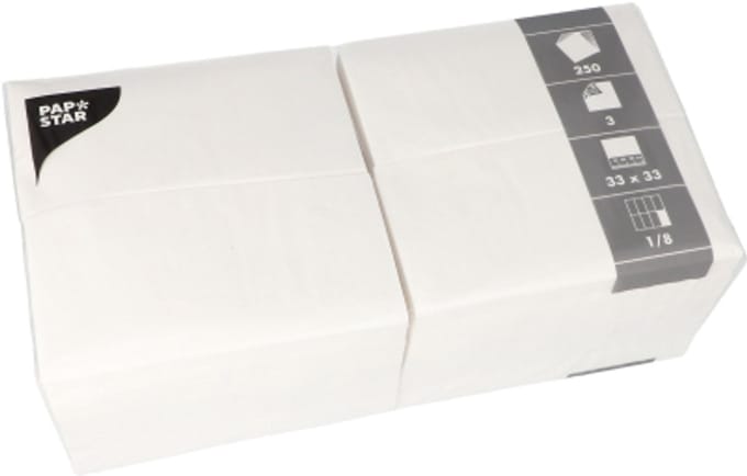 250 Servetten 3-laags 1/8 vouw 33 cm x 33 cm wit