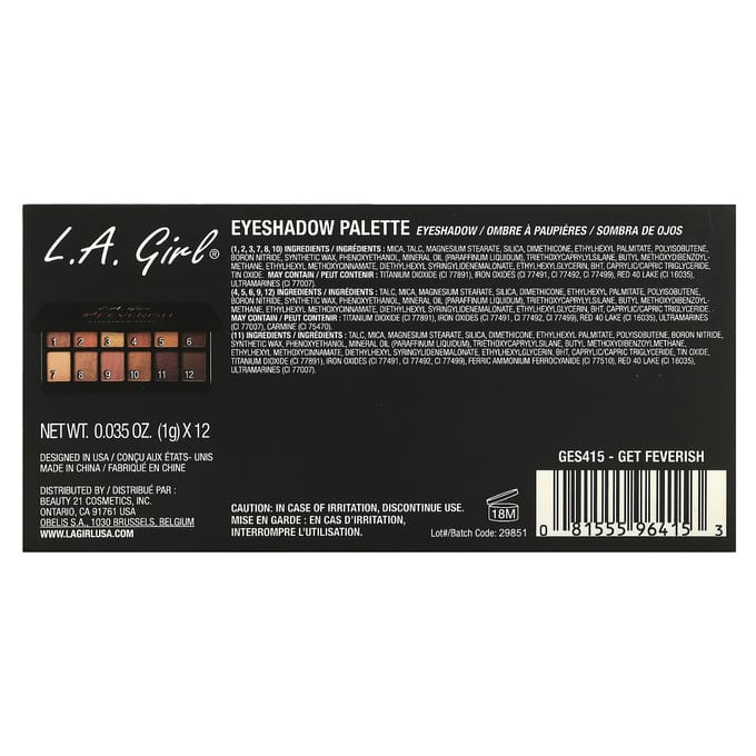 L.A. Girl, Eyeshadow Palette, Ges415 Get Feverish, 12G(0.42Oz) black