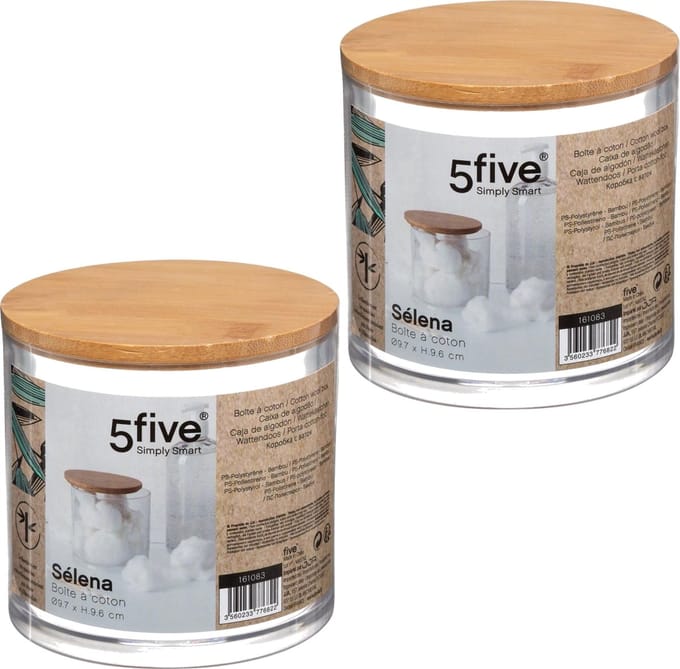 2x Stuks watten houder/box 9,5 x 9,5 cm van kunststof/bamboe - Wattenschijfjes opbergen - Wattendispenser - Make-up organizer