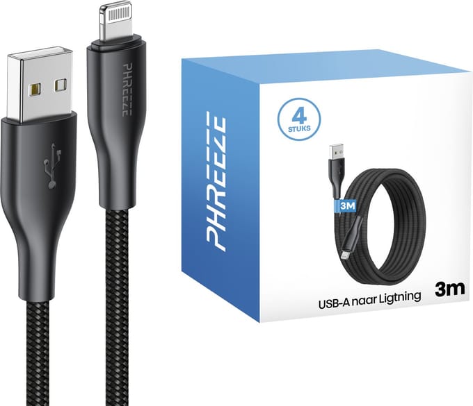 Usb naar geschikt voor Lightning kabel - 3 meter - 4 pack - Zwart - Phreeze