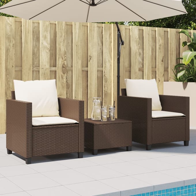 vidaXL - 3-delige - Bistroset - met - kussens - poly - rattan - bruin