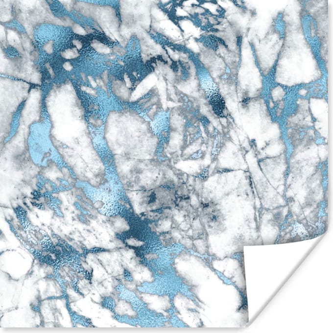 Poster Marmer - Luxe - Zilver - Blauw - 50x50 cm