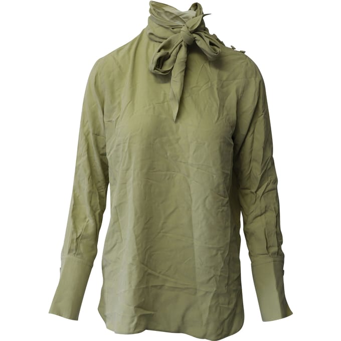 Joseph blouse met strikhalslijn in kaki groene zijde
