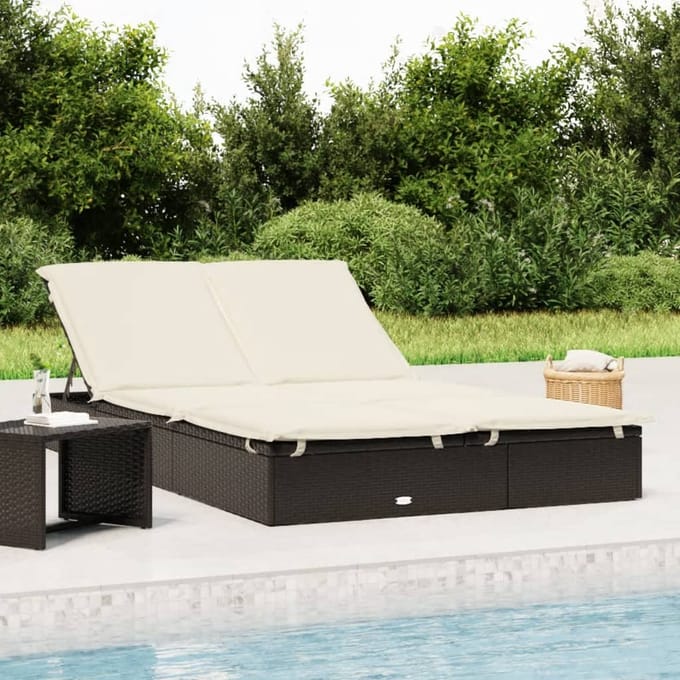 vidaXL - Ligbed - met - kussens - 2-persoons - poly - rattan - zwart