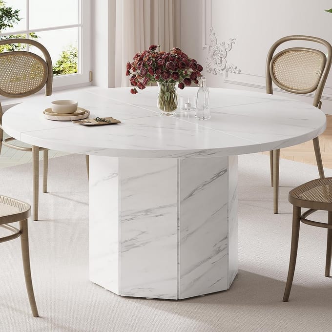 Ronde Eettafel Wit Marmer Look voor 4-6 Personen - 120 cm Cirkel Tafel