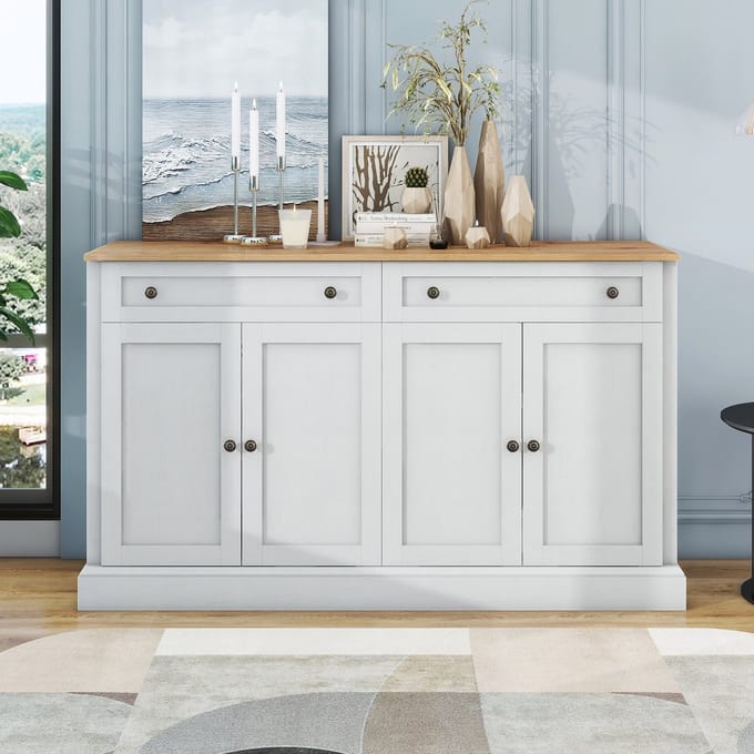 MODFU - Sideboard - 4 Deuren En 2 Laden - Verstelbare Planken - Moderne Retro Stijl - Wit En Naturel - 150 X 40 X 86 Cm
