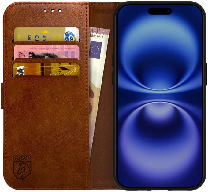 Rosso Element Geschikt voor Apple iPhone 16 Plus | Wallet Book Case | Portemonnee Hoesje | 3 Pasjes | Magneetsluiting | Stand Functie | Bruin