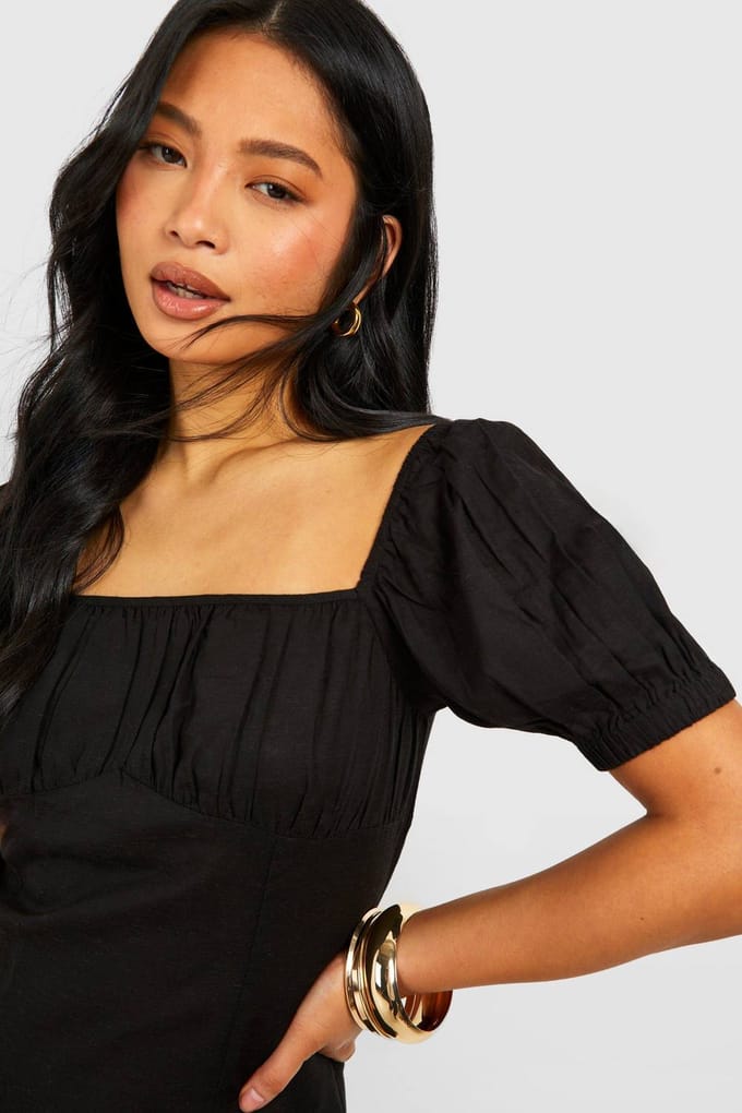 boohoo Dames Petite Linen Look Milkmaid Mini Jurk | Black | Maat: 6