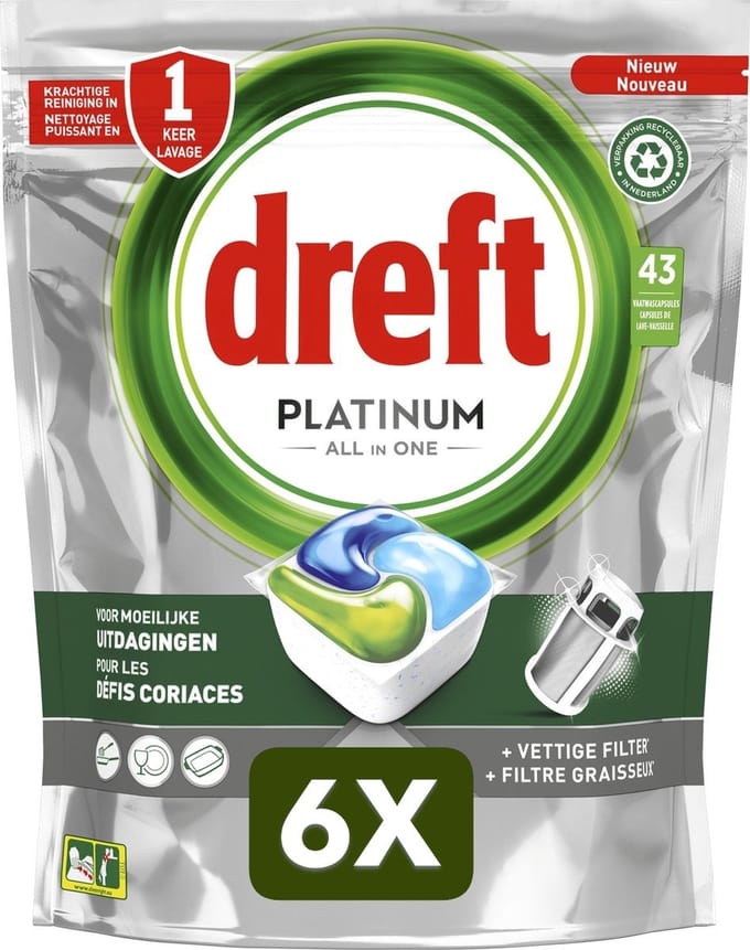 6 x Dreft Platinum All In One - Vaatwascapsules - Original - 43 Capsules