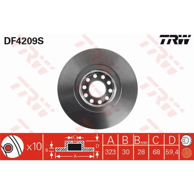 Remschijf TRW DF4209S voorkant, geventileerd, sterk gecarboniseerd, 1 Stuk