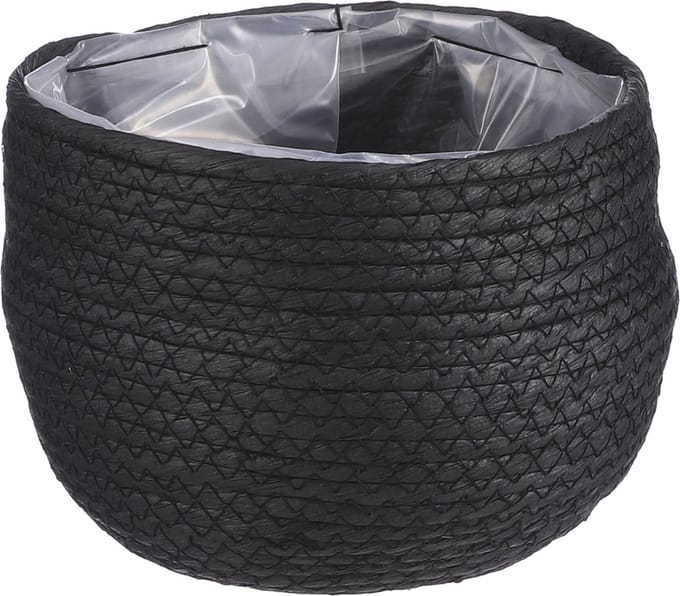 Mica Decorations Bloempot - rotan - zwart - jute - 18 x 15 cm - Met plastic binnenkant