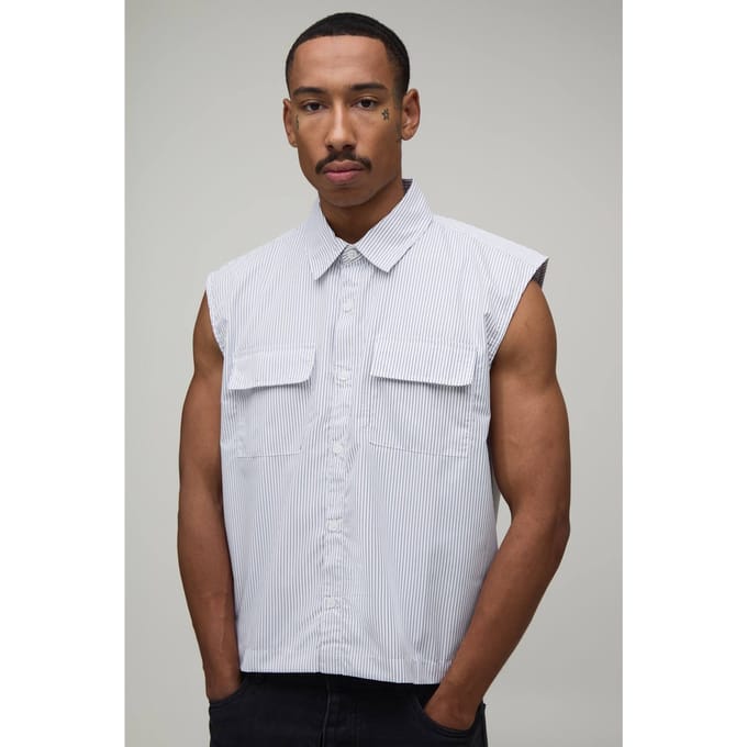 Oversized Boxy Gestreept Mouwloos Shirt | White | Size Medium