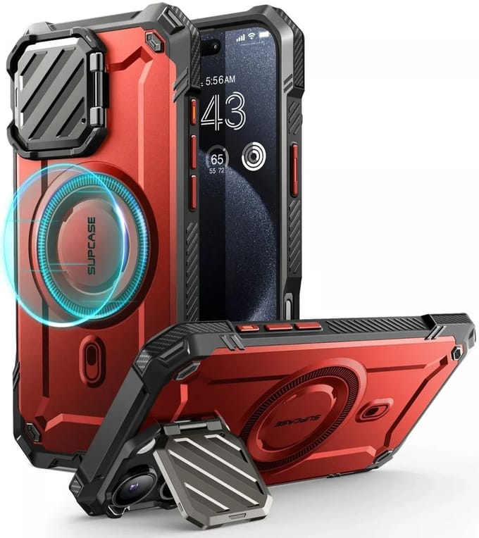 SUPCASE UB Pro MagXT Hoesje Geschikt voor Apple iPhone 16 Pro Max - Back Cover met Camera Protector Kickstand - Compatibel met MagSafe - Extra Camera Bescherming - Rood