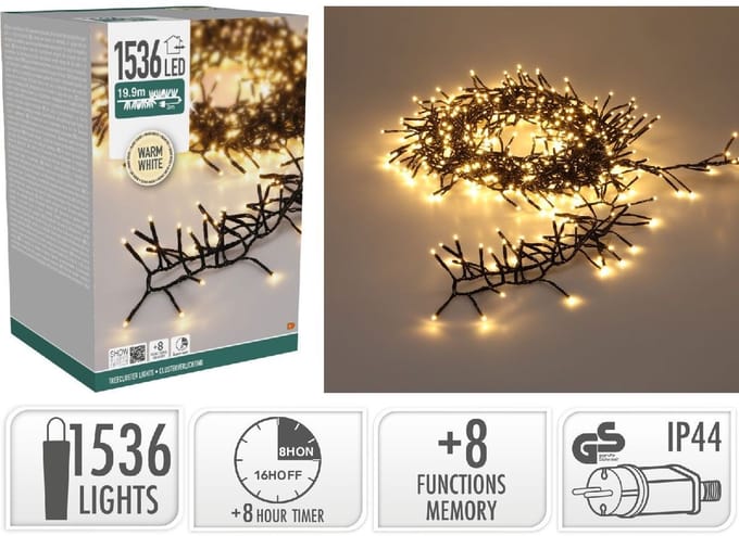 Treecluster Kerstboomverlichting - 1536 LED Warm Wit - 1990 cm - Timer - 8 Lichtstanden - Binnen Buiten