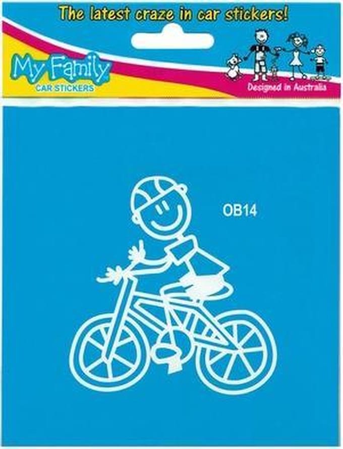 Jongen op fiets - autosticker - wit - 8,7cm