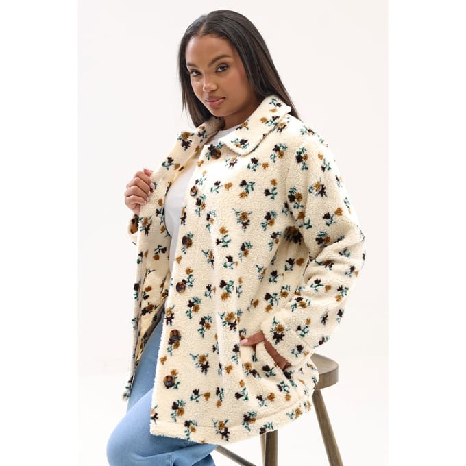 Yours Ivoorwit Teddyfleecejack Met Bloemenprint Size 54-56