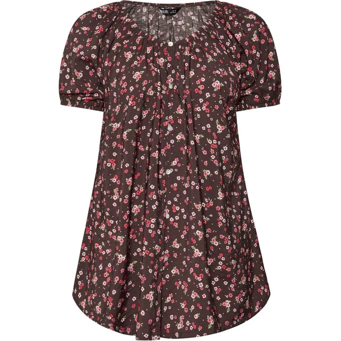 Yours Chocoladebruine Blouse Met Bloemenprint Size 66-68