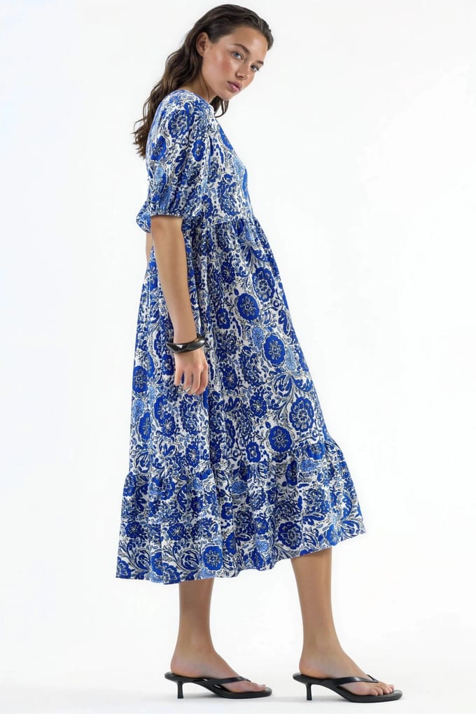Florale Crêpe Midi-jurk met Driekwartmouwen